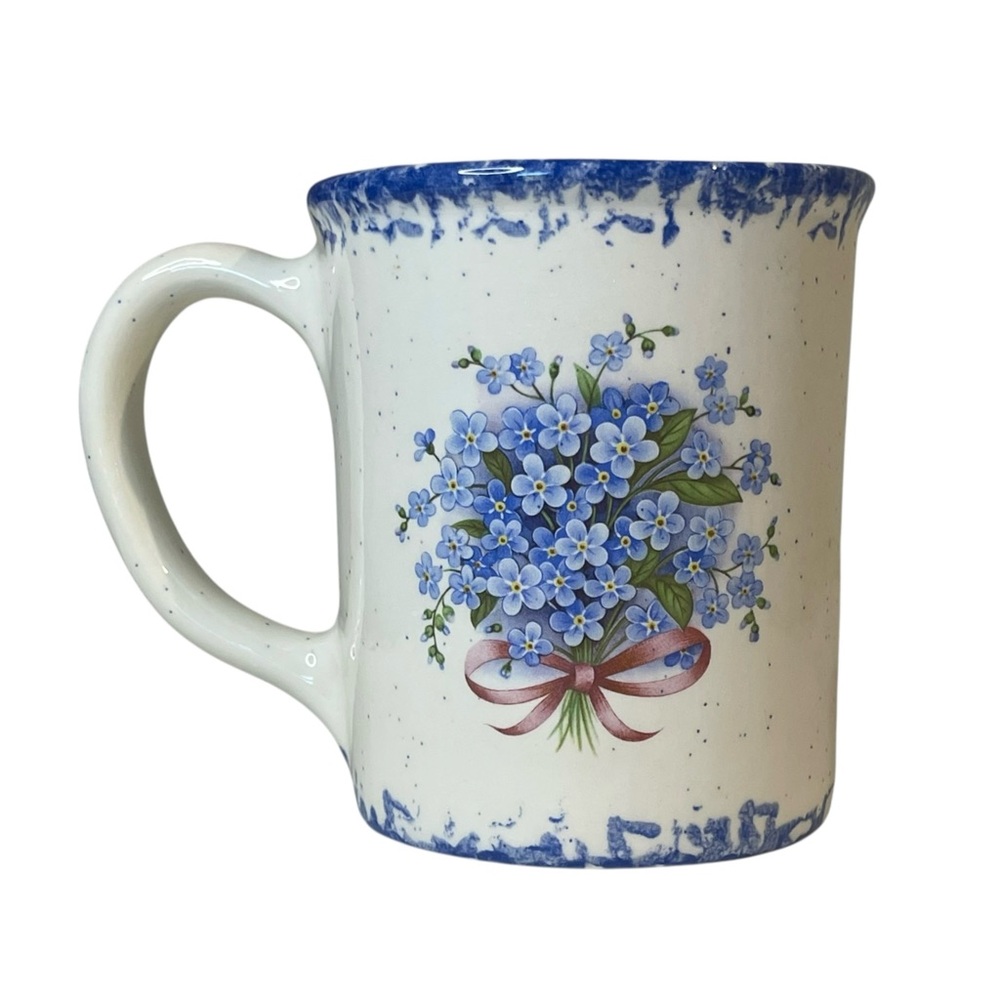 Art Pottery Coffee Mug Tea Cup Sponge Spatter Floral Blue Flowers Hand Painted